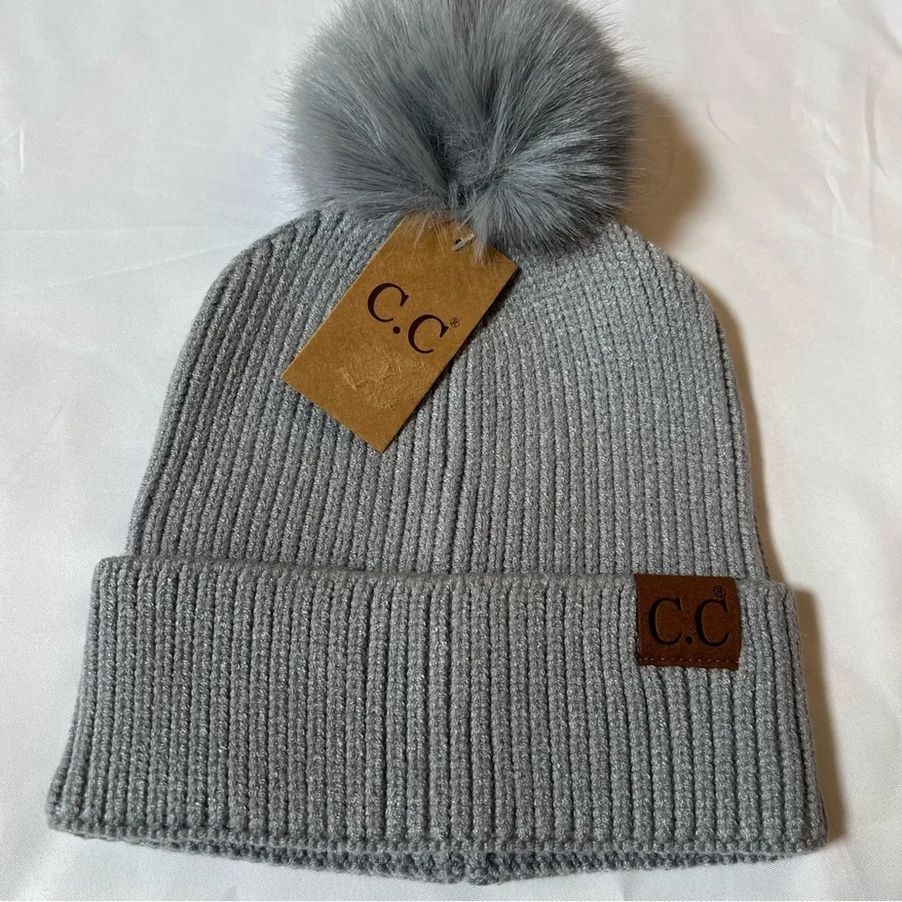 C.C Kids Gray Warm Cozy‎ Rib-Knit Soft Warm Winter Beanie Hat w/ Faux Fur Pompom